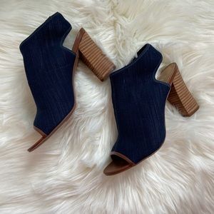 Franco Sarto Stretchy Denim Block Peep-Toe…